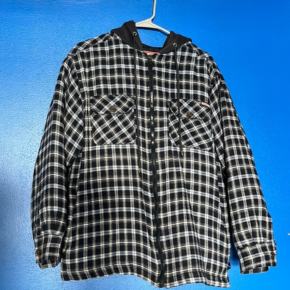 Blue and white plaid jacket with hood